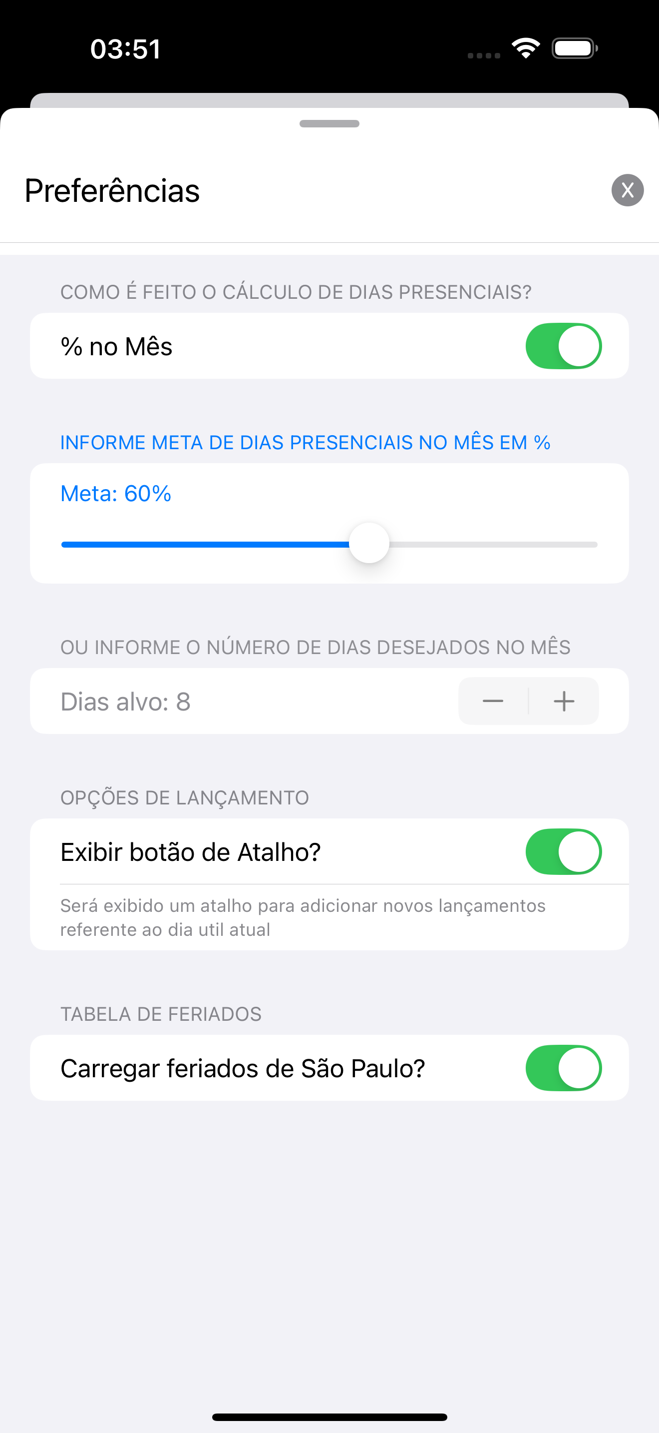 Tela de configurações iniciais